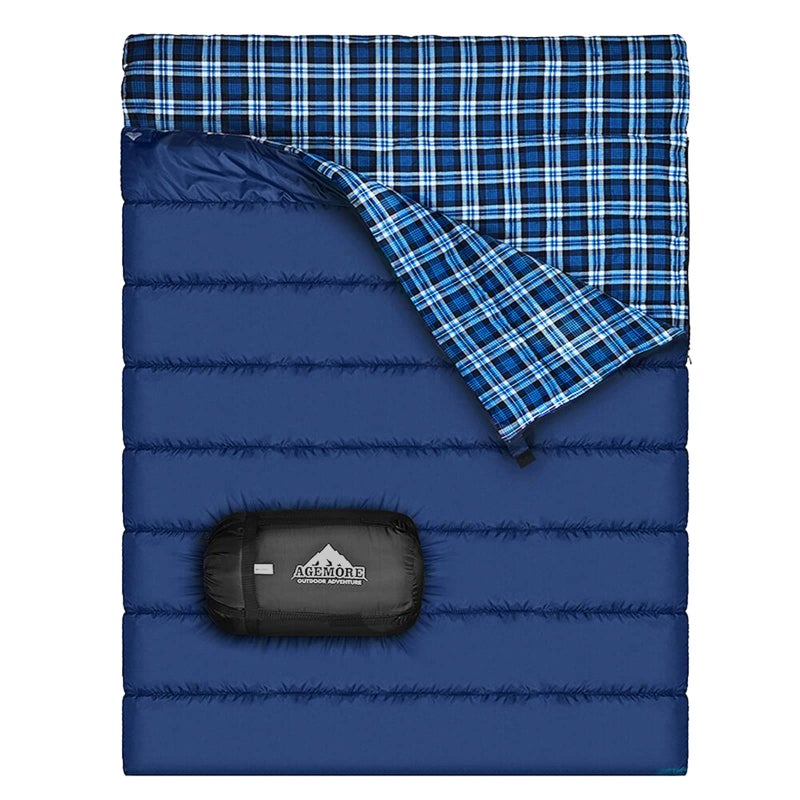 AGEMORE Cotton Flannel Double Sleeping Bag for Camping, Backpacking Or Hiking. Queen Size 2 Person Waterproof Sleeping Bag for Adults Or Teens. Lightweight with Compression Sack - Image 1